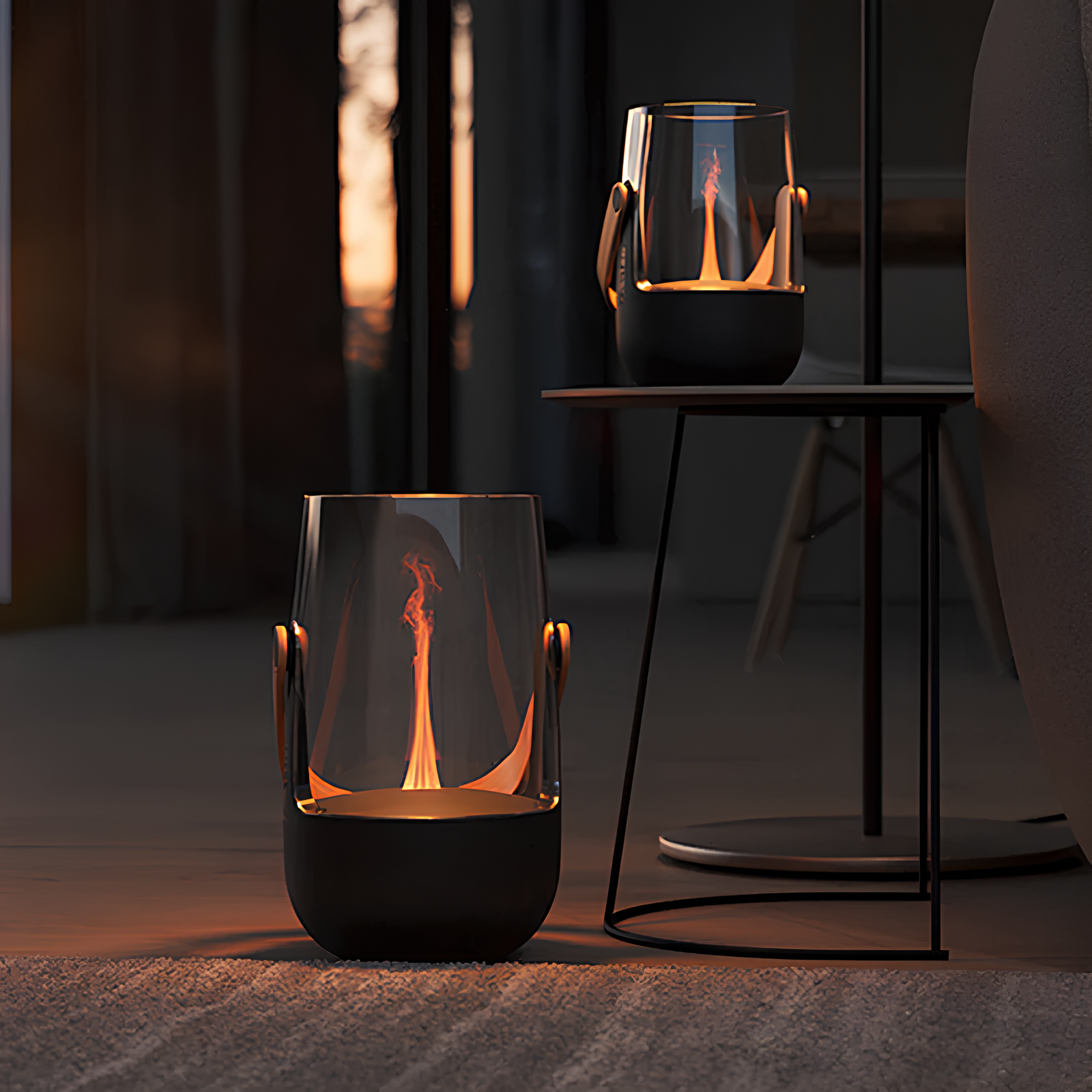 Ultrasonic aromatherapy diffusers with a simulated flame effect, placed on a floor and on a small table, with dual-color LED lighting, and essential oils visible.